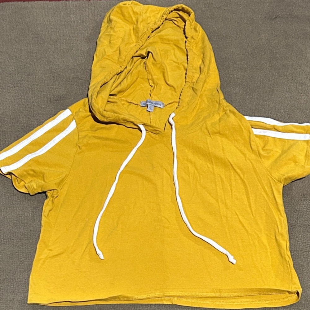 Vibrant Yellow Crop Hoodie with White Stripes